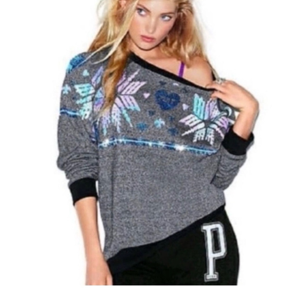 PINK Victoria's Secret Gray Sweater with Purple and Blue Accents